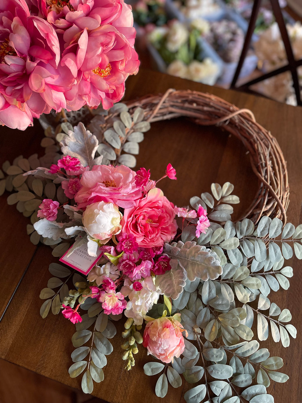 18" Hot Pink Floral Grapevine Wreath - Faux Rose & Peony Summer Wreath ...