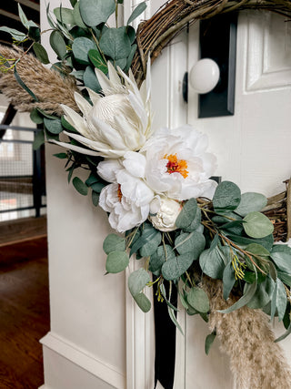 18" White Floral Wreath with Faux Peonies, Ranunculus & Eucalyptus