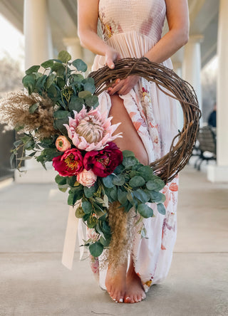 18" Grapevine Wreath with Faux Pink Peonies, Ranunculus & Eucalyptus