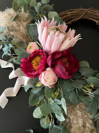 Handmade Silk Floral Wreath with Pink Peonies, Ranunculus & Eucalyptus
