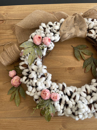 Real Cotton Ball Wreath with Artificial Pink Peonies