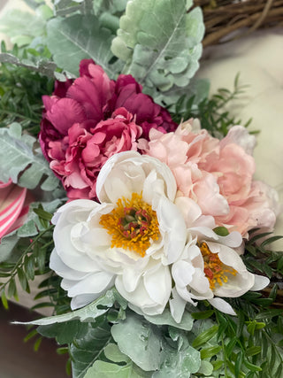 Pink & White Faux Peony on Grapevine Wreath