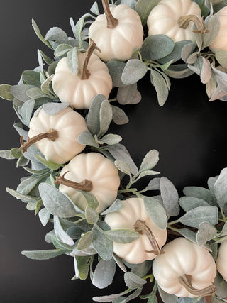 Faux Ivory Pumpkin & Lambs Ear Autumn Wreath