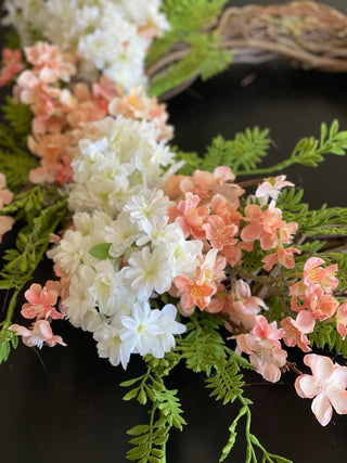Peach and White Cherry Blossoms on Grapevine Wreath
