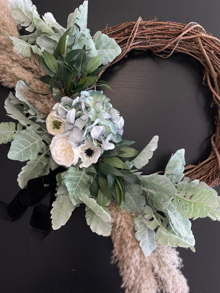 Artificial English Rose and Hydrangea Floral Grapevine Wreath