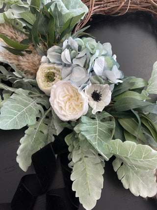 Faux English Rose and Hydrangea Floral Grapevine Wreath