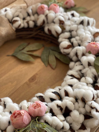 Pure Real Cotton Ball and Faux Pink Peony 18" Grapevine Wreath