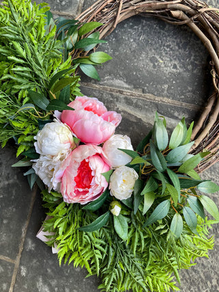 18" Faux Coral Grapevine Wreath with Peonies, Camellias, and Ferns